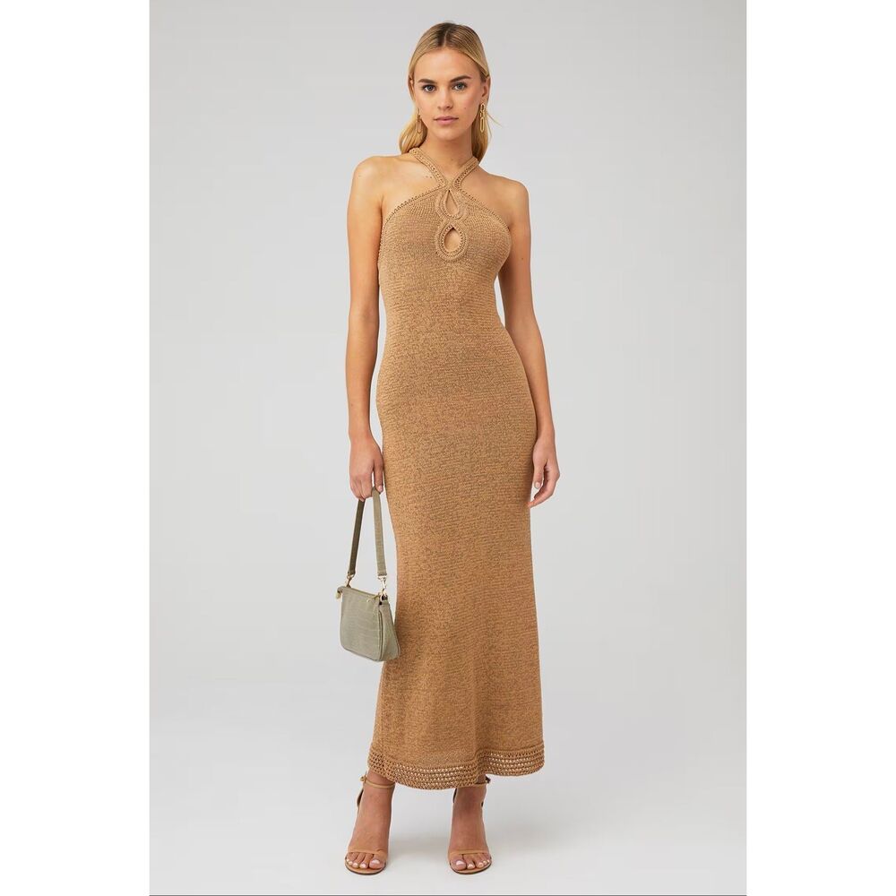 Significant Other Saoirse Midi Maxi Halter Dress Knit Crochet Biscuit Tan Size 6